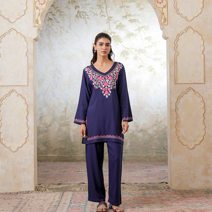 Qazmi Women's Kashmiri Aari Work Navy Blue CoOrd Set