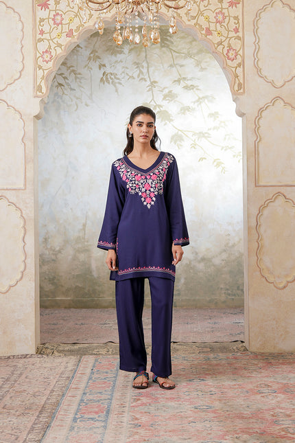 Qazmi Women's Kashmiri Aari Work Navy Blue CoOrd Set