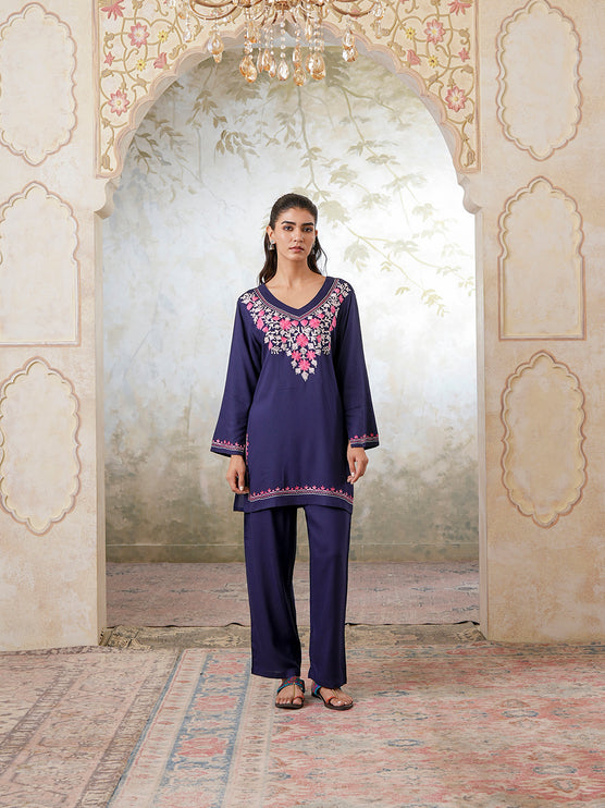 Qazmi Women's Kashmiri Aari Work Navy Blue CoOrd Set