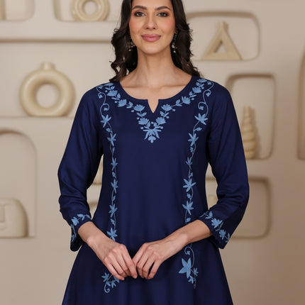 Qazmi Women Kashmiri Aari Embroidered A-Line Viscose Rayon Short Kurti with Full Sleeves