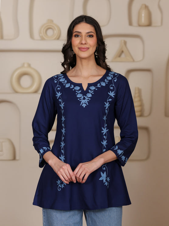 Qazmi Women Kashmiri Aari Embroidered A-Line Viscose Rayon Short Kurti with Full Sleeves