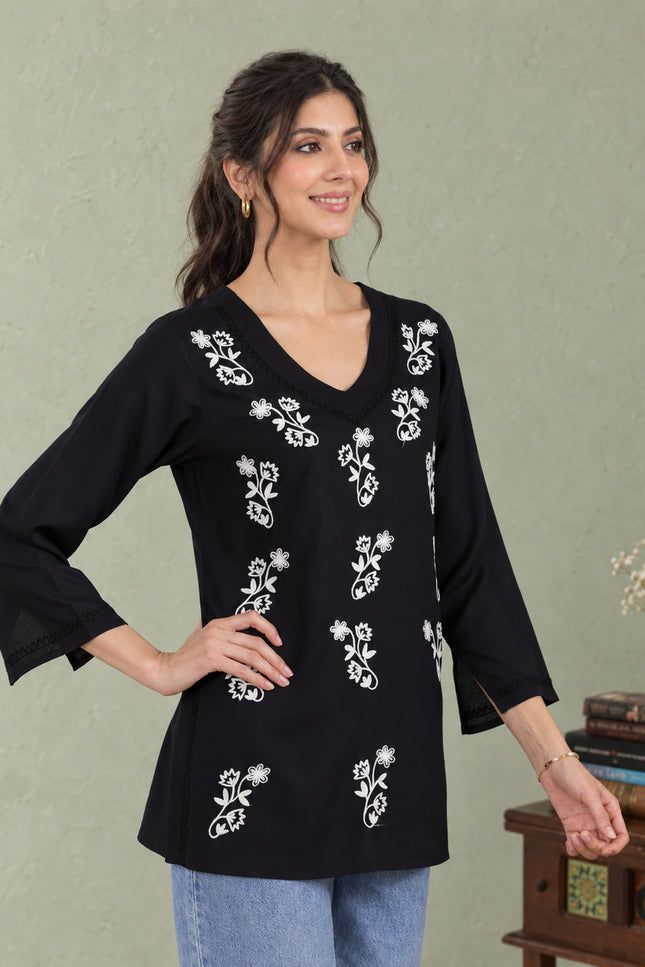 Qazmi Women Kashmiri Aari Embroidered Viscose Rayon Flared Sleeves Short Kurti