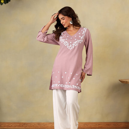 Qazmi Women's Aari Embroidered Viscose Rayon Full Sleeves Straight Kurti