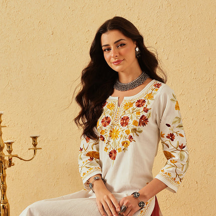 QAZMI Floral Embroidered Keyhole Neck Chinarkari Straight Kurta