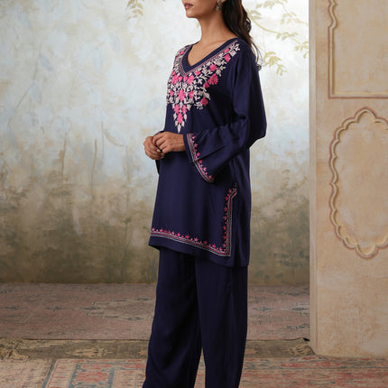 Qazmi Women's Kashmiri Aari Work Navy Blue CoOrd Set