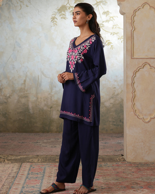 Qazmi Women's Kashmiri Aari Work Navy Blue CoOrd Set