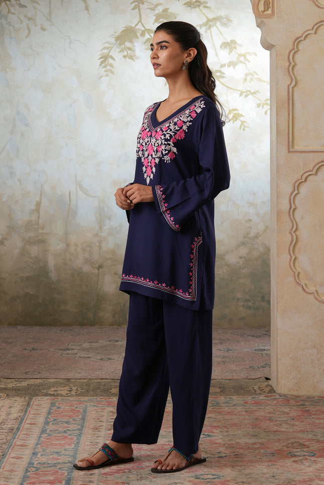 Qazmi Women's Kashmiri Aari Work Navy Blue CoOrd Set