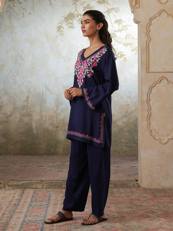 Qazmi Women's Kashmiri Aari Work Navy Blue CoOrd Set