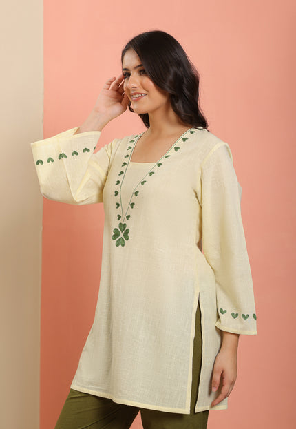 Qazmi Women Pure Cotton Square-Neck Aari  Embroidered Short Kurti