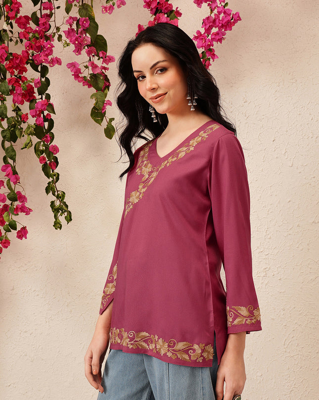 Qazmi Women's Jina V-Neck Kashmiri Aari Work Full Sleeves Kurti