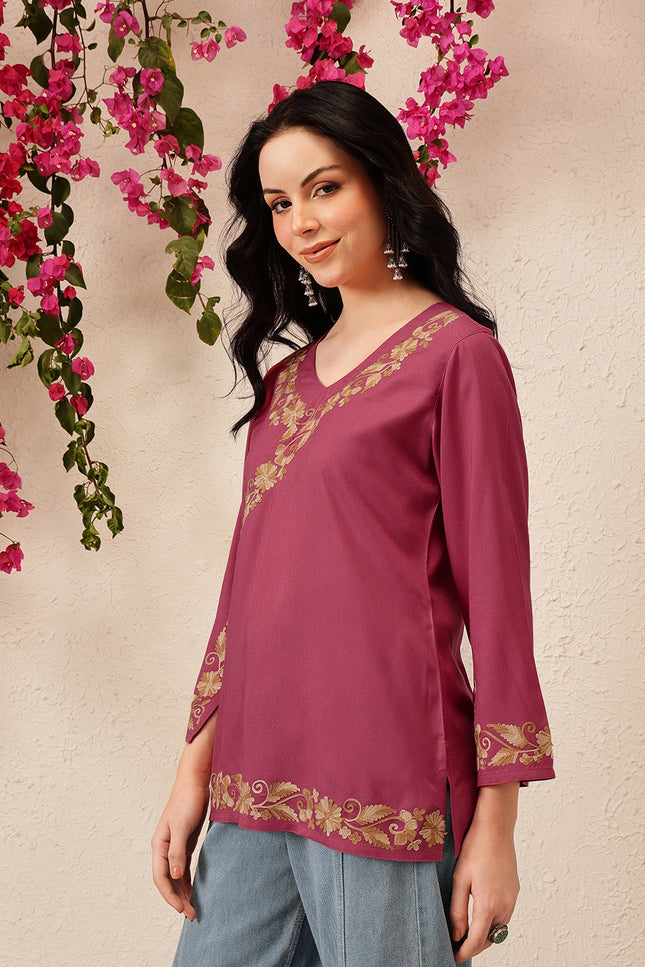 Qazmi Women's Jina V-Neck Kashmiri Aari Work Full Sleeves Kurti