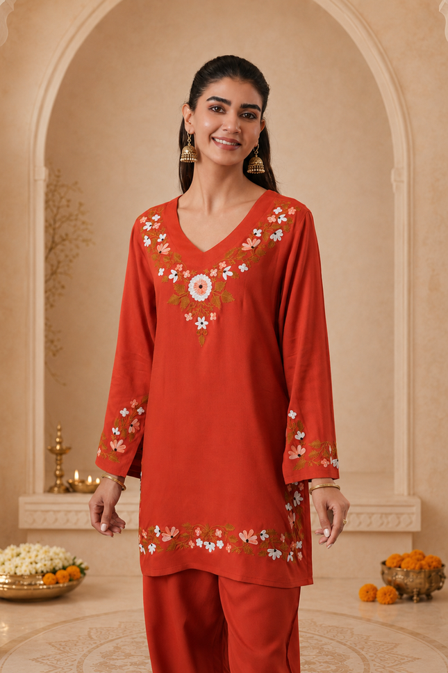 Qazmi Women's Aari Work V-Neck Black CoOrd Set