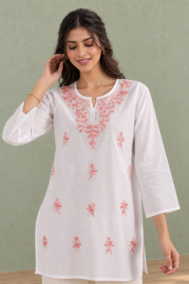 Qazmi Women's Aari Embroidered Pure Cotton Short Kurta
