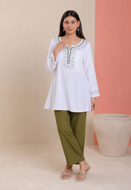 Qazmi Women Aari Embroidered Viscose Rayon A-Line Short Kurti with Full Sleeves