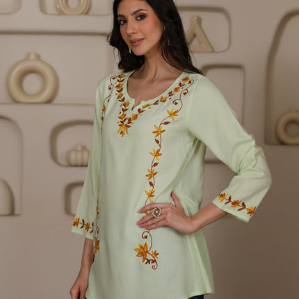 Qazmi Women Kashmiri Aari Embroidered A-Line Viscose Rayon Short Kurti with Full Sleeves