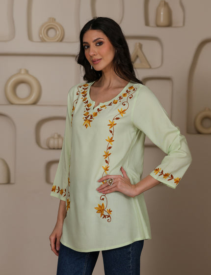 Qazmi Women Kashmiri Aari Embroidered A-Line Viscose Rayon Short Kurti with Full Sleeves