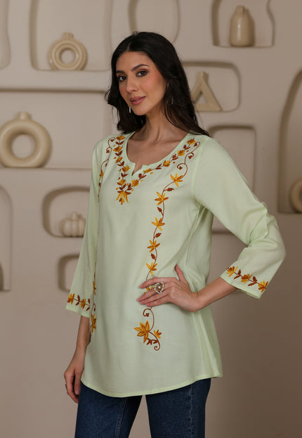 Qazmi Women Kashmiri Aari Embroidered A-Line Viscose Rayon Short Kurti with Full Sleeves