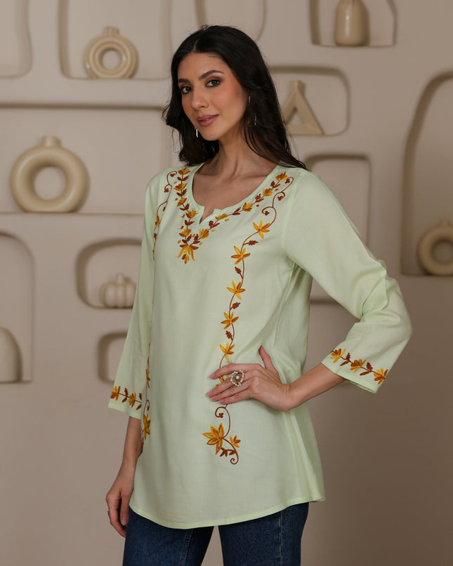Qazmi Women Kashmiri Aari Embroidered A-Line Viscose Rayon Short Kurti with Full Sleeves