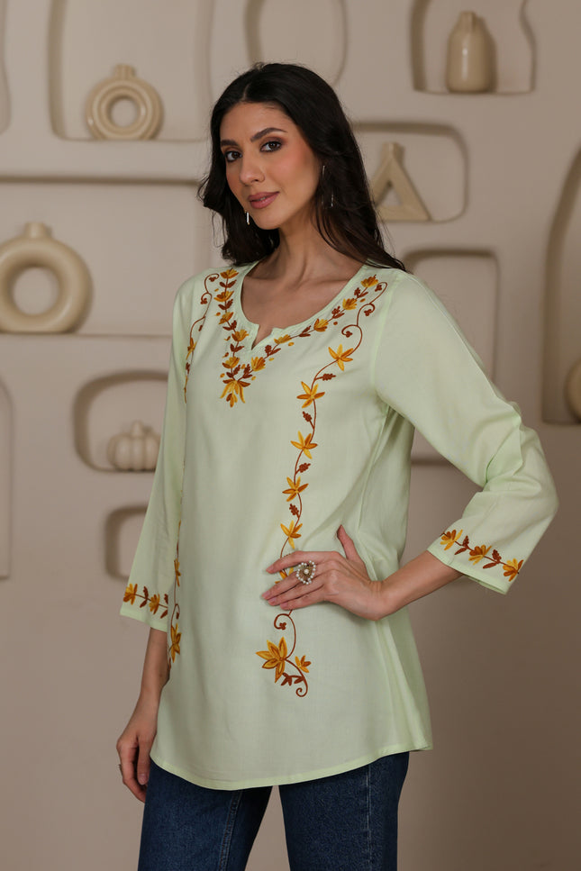 Qazmi Women Kashmiri Aari Embroidered A-Line Viscose Rayon Short Kurti with Full Sleeves