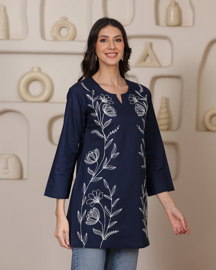 Qazmi Women's Aari Embroidered Pure Cotton Short Kurta