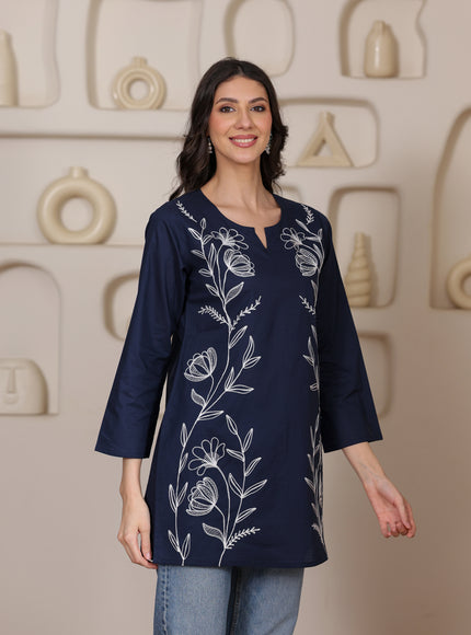 Qazmi Women's Aari Embroidered Pure Cotton Short Kurta