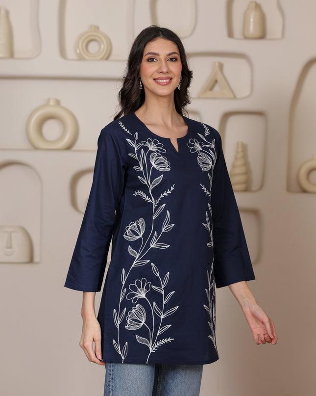 Qazmi Women's Aari Embroidered Pure Cotton Short Kurta