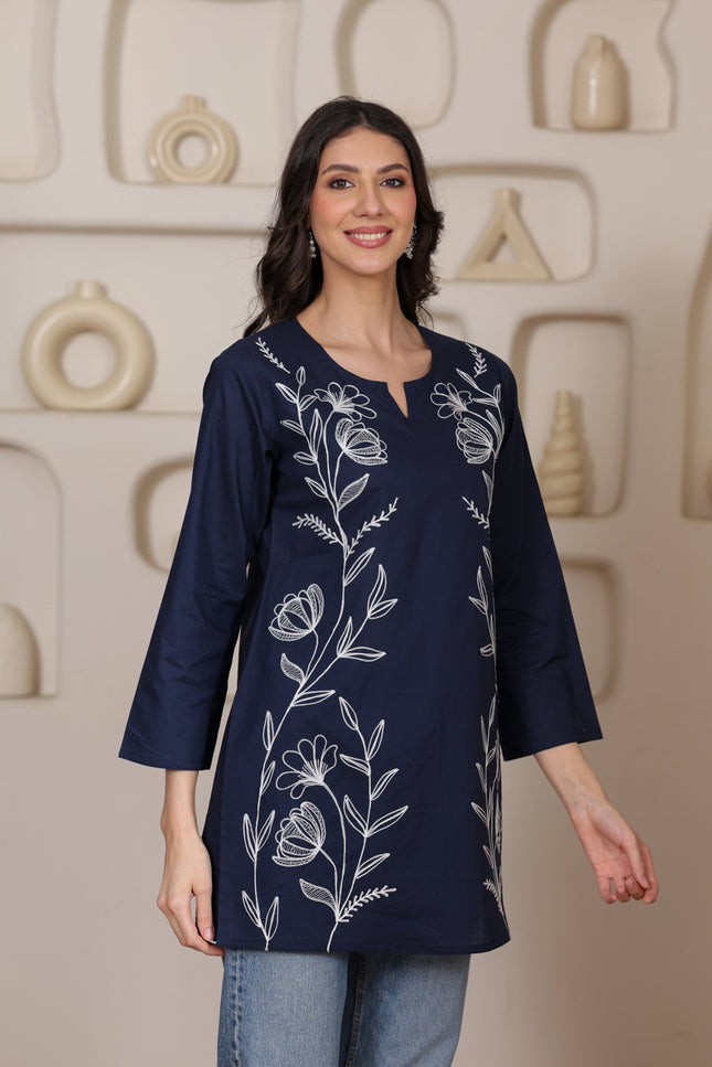 Qazmi Women's Aari Embroidered Pure Cotton Short Kurta