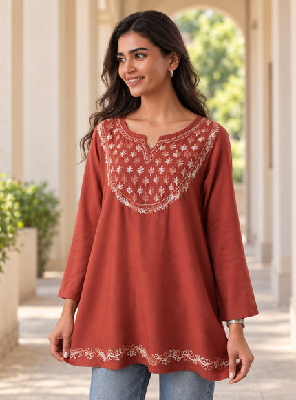 Qazmi Women's Azra Kashmiri A-Line Full Sleeves Viscose Rayon Short Kurti