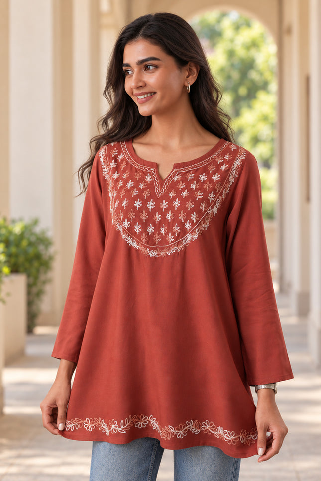 Qazmi Women's Azra Kashmiri A-Line Full Sleeves Viscose Rayon Short Kurti