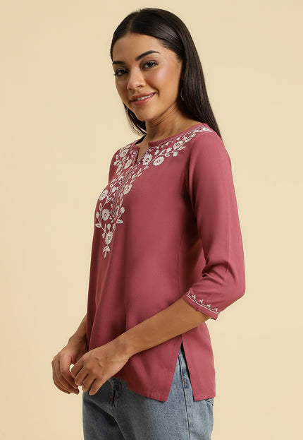 Light Wine Silk Short Kurti For Women