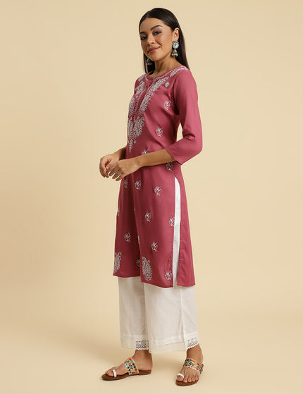 Light Wine Chikan Long Kurti For Women