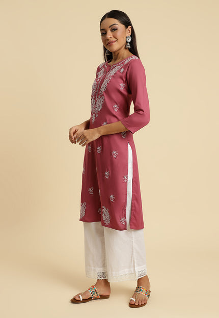 Light Wine Chikan Long Kurti For Women