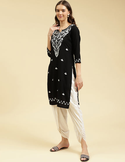 Black Off White Boota Aari Long Kurti For Women