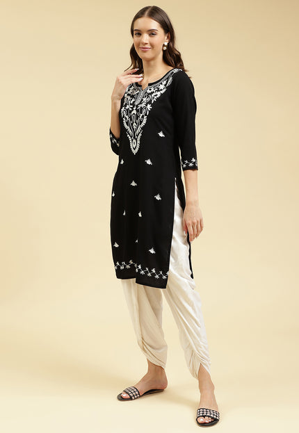 Black Off White Boota Aari Long Kurti For Women