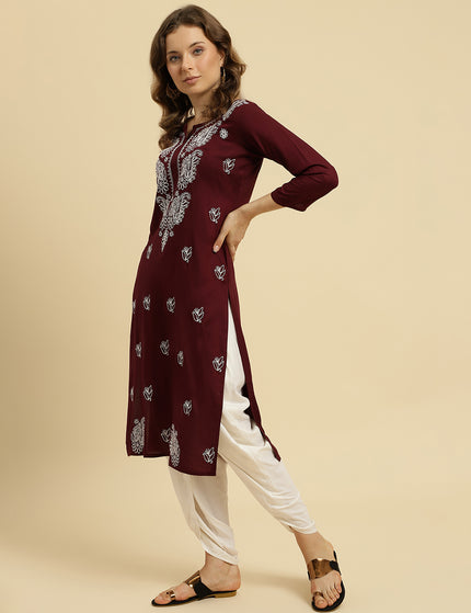 Wine ChikanKari Long Kurti Kurti For Women