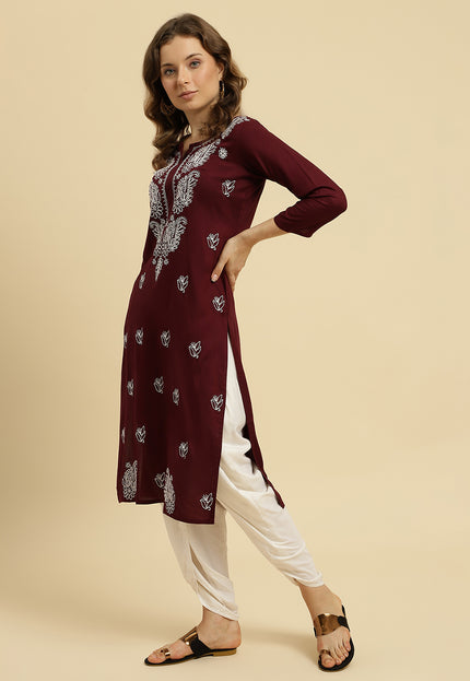 Wine ChikanKari Long Kurti Kurti For Women