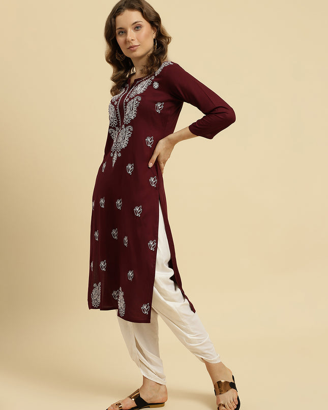 Wine ChikanKari Long Kurti Kurti For Women