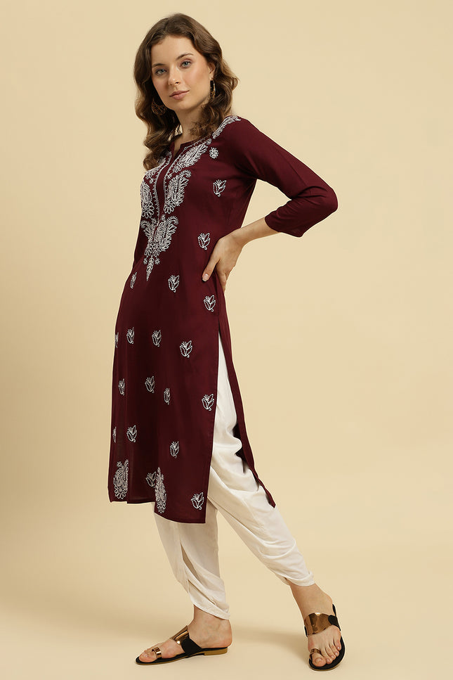 Wine ChikanKari Long Kurti Kurti For Women
