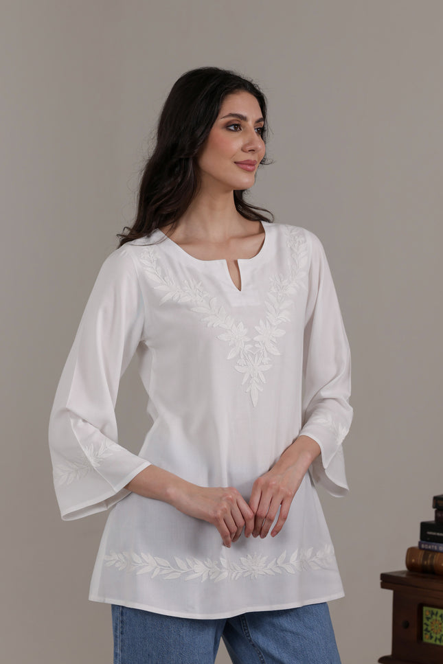 Qazmi Women Kashmiri Aari Embroidered Viscose Rayon A-Line Short Kurti with Bell Sleeves