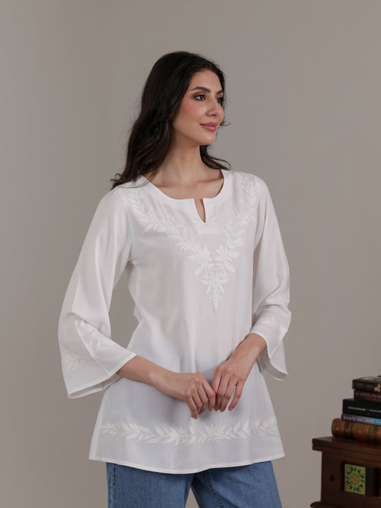 Qazmi Women Kashmiri Aari Embroidered Viscose Rayon A-Line Short Kurti with Bell Sleeves