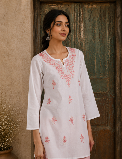 Qazmi Women's Aari Embroidered Pure Cotton Short Kurta