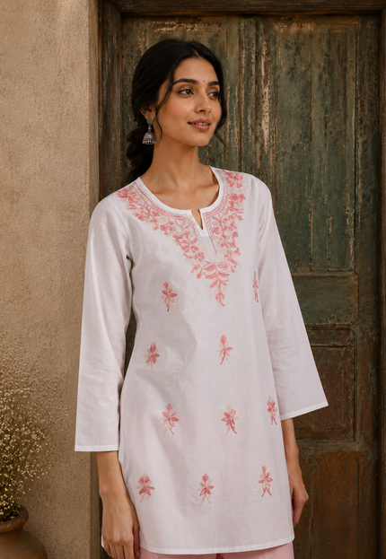 Qazmi Women's Aari Embroidered Pure Cotton Short Kurta