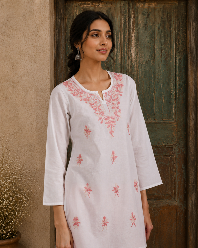 Qazmi Women's Aari Embroidered Pure Cotton Short Kurta