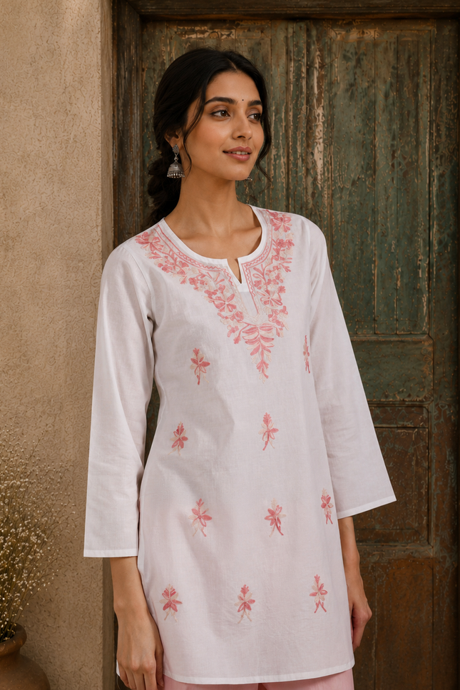 Qazmi Women's Aari Embroidered Pure Cotton Short Kurta