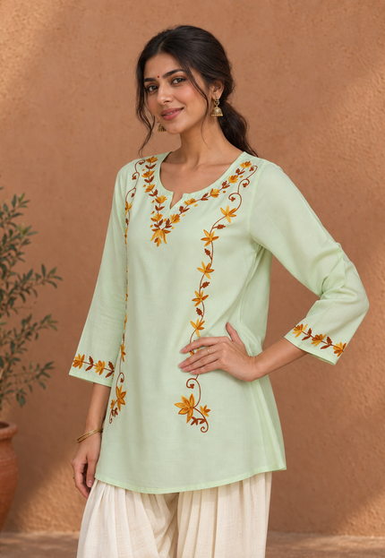 Qazmi Women Kashmiri Aari Embroidered A-Line Viscose Rayon Short Kurti with Full Sleeves