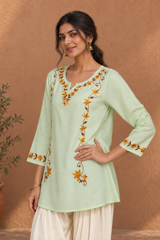 Qazmi Women Kashmiri Aari Embroidered A-Line Viscose Rayon Short Kurti with Full Sleeves