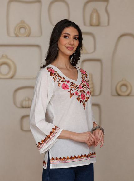 Qazmi Women's Nafisa Kashmiri Aari Work V-Neck Blue Kurti