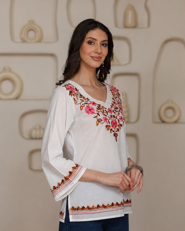 Qazmi Women's Nafisa Kashmiri Aari Work V-Neck Blue Kurti