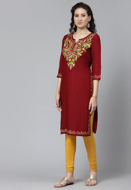 Maroon Multi-Design Aari Long Kurti For Women