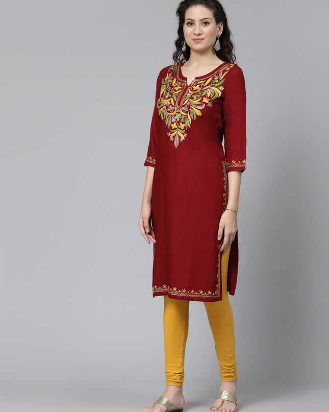 Maroon Multi-Design Aari Long Kurti For Women